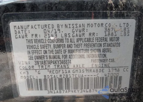 2019 Nissan Sentra Sr from USA, damaged, VIN 3N1AB7AP4KY346874